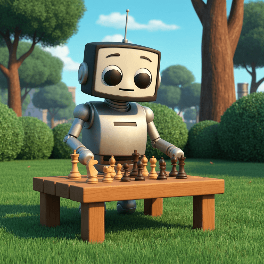 Robot kartun yang menggemaskan sedang bermain catur di luar ruangan menjadi fokus utama. Komposisi memusatkan robot dari sudut rendah, dengan papan catur rapi di atas meja kayu di depan. Pencahayaan alami dengan sinar matahari lembut dan merata membentuk bayangan halus, menimbulkan suasana pagi atau siang cerah. Palet warna didominasi hijau lembut dari rumput terawat dan semak, coklat hangat pada meja dan bidak catur, serta nuansa logam dingin di robot, dengan langit biru tenang di atas.