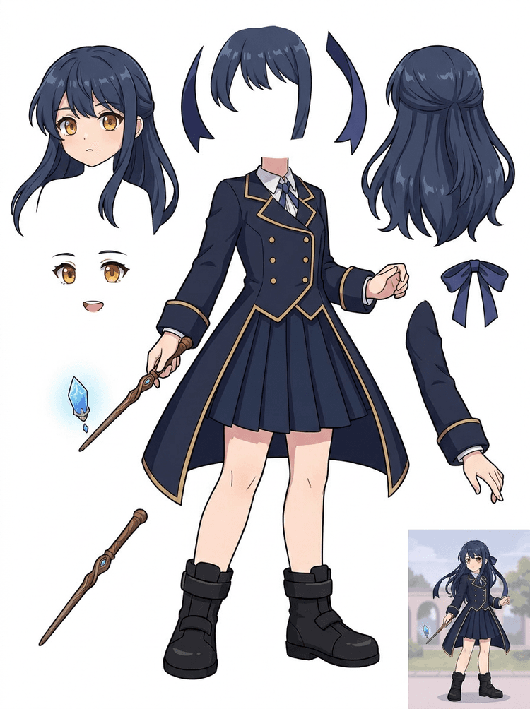 Lembar aset terpisah untuk siswi akademi sihir anime