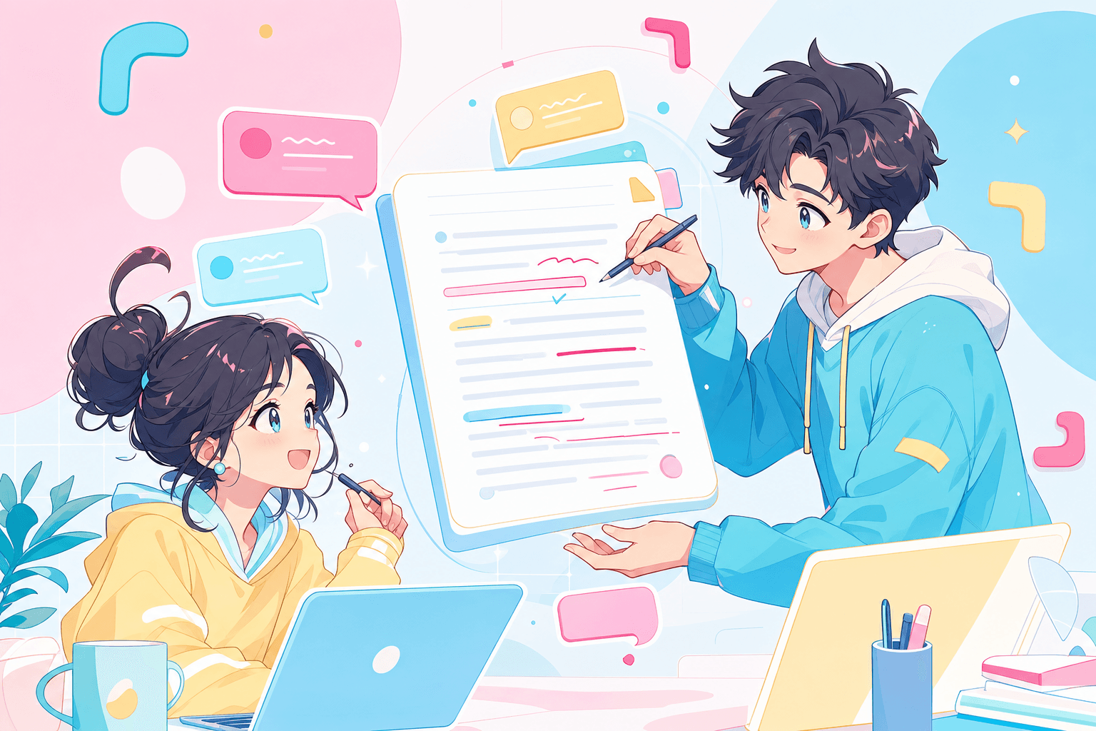 Ruang revisi kolaboratif Story AI gaya Velika dengan komentar dan manuskrip