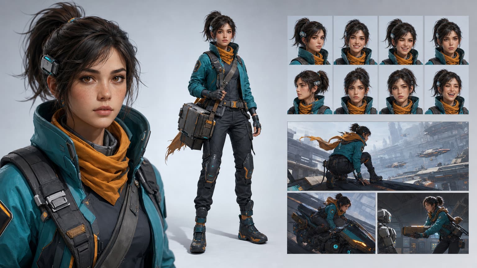 Hero generator karakter AI menampilkan heroine kurir yang bisa dipakai ulang dengan potret, full body, ekspresi, dan frame adegan