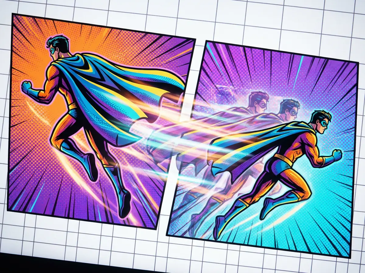 Comic characters moving between panels with smooth motion