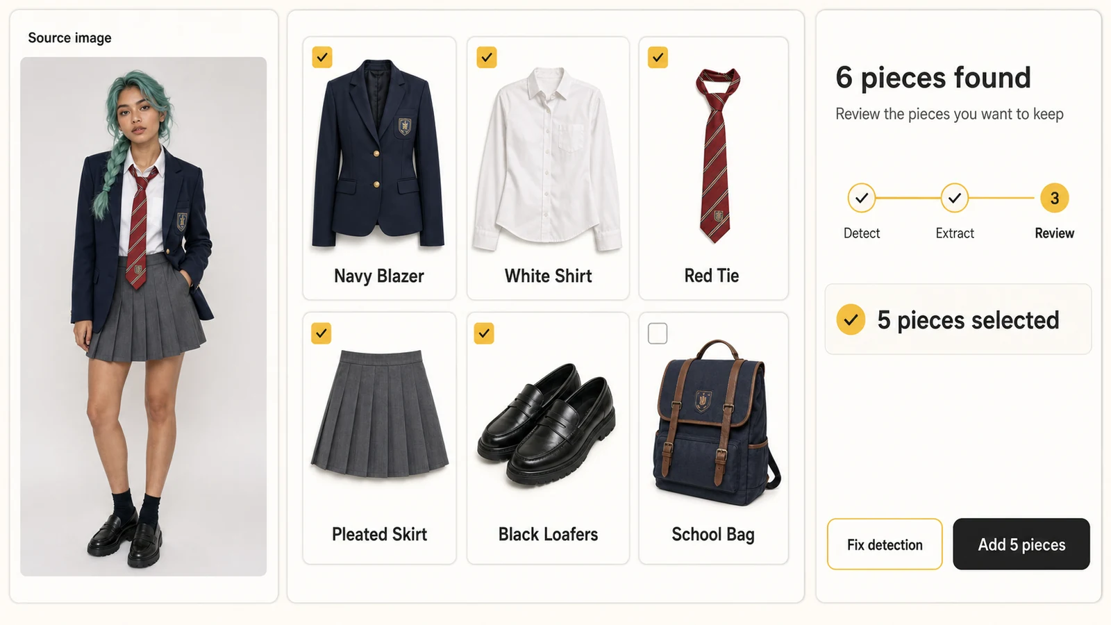 LlamaGen clothing extraction review showing a photorealistic source character and six detected outfit pieces with five selected