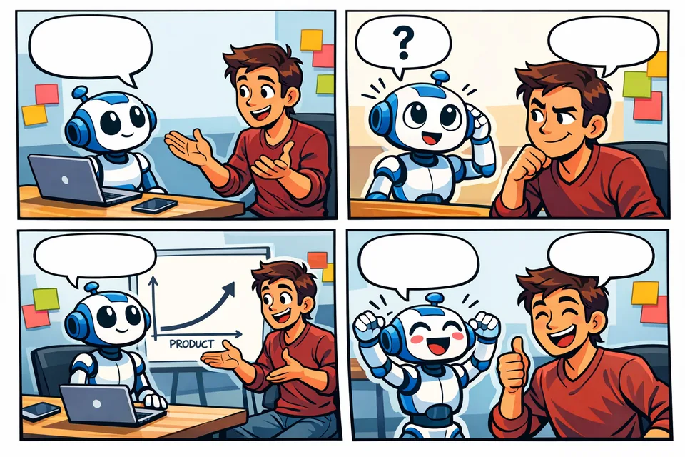 Pratinjau strip komik media sosial 4 panel tentang founder startup yang menjelaskan product-market fit kepada robot