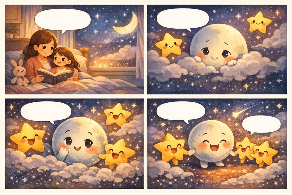 Pratinjau strip komik cerita sebelum tidur 4 panel tentang bulan pemalu yang berteman dengan bintang-bintang