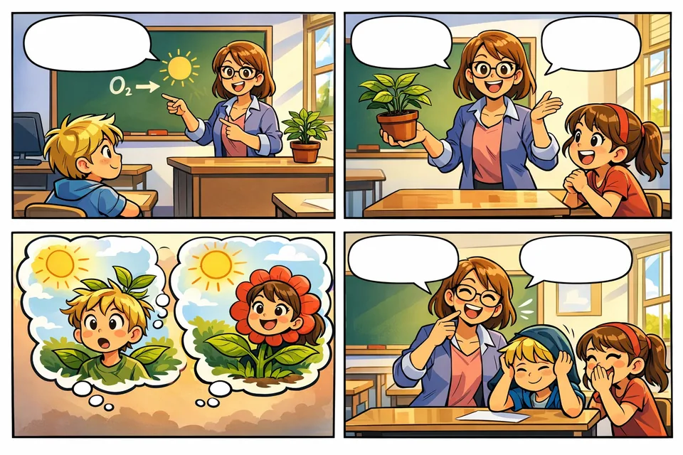 Pratinjau strip komik kelas 4 panel yang dibuat AI untuk menjelaskan fotosintesis dengan gaya lucu