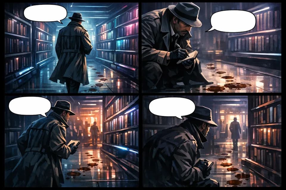 Pratinjau strip komik sci-fi noir 4 panel tentang detektif yang mengikuti noda kopi di perpustakaan futuristik