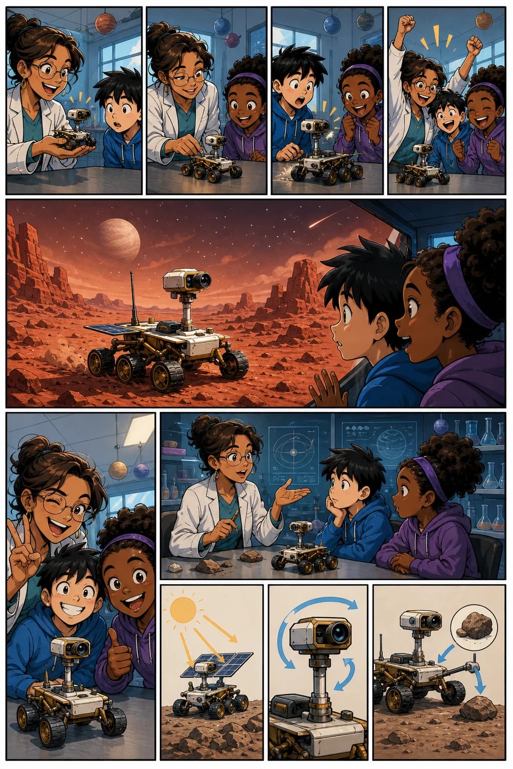 Strip komik anak 4 panel hasil generate tentang dua penemu muda yang meluncurkan rover bulan dari kardus