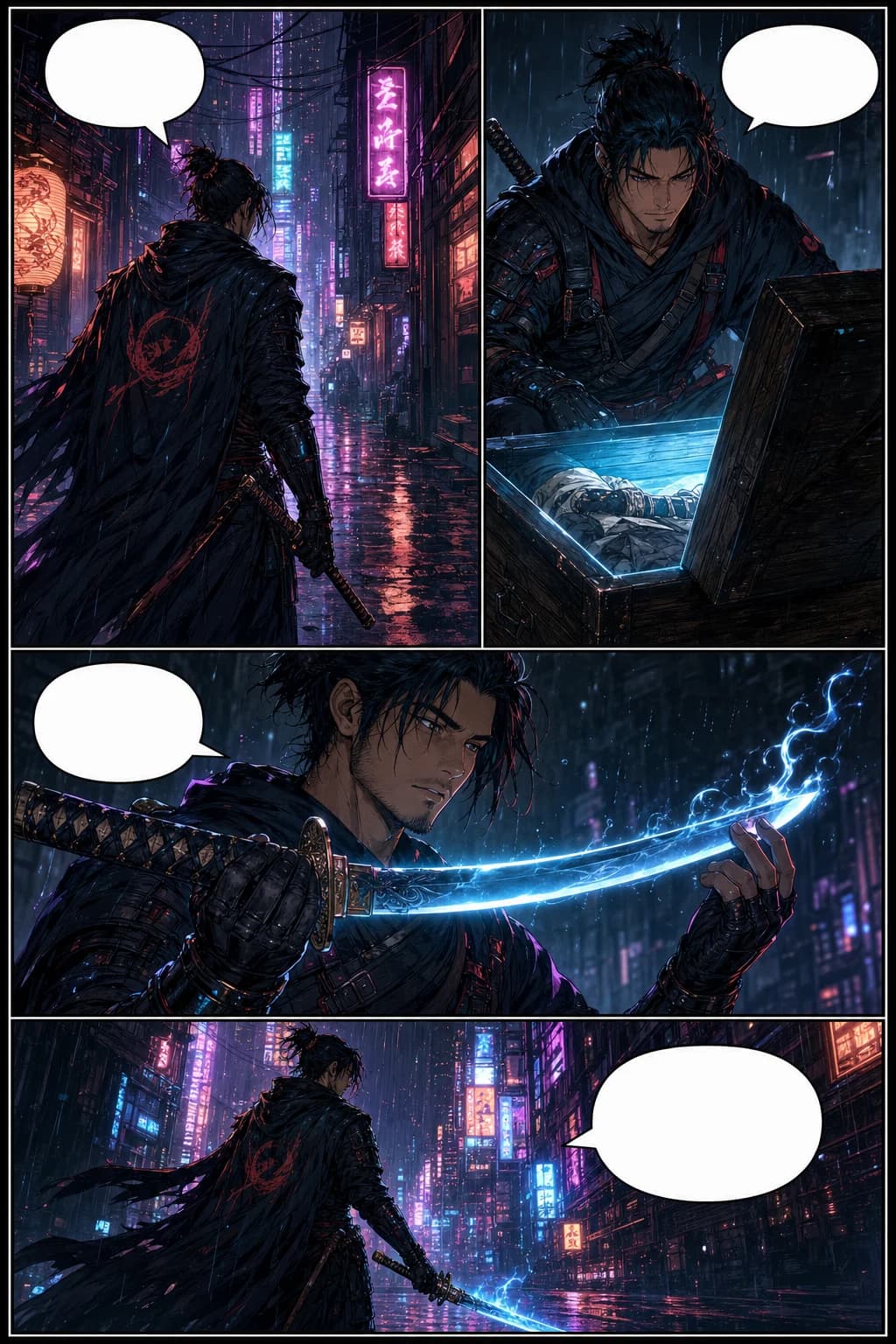 Strip komik 4 panel bergaya anime tentang kurir orbital yang mengembalikan peta bintang bercahaya