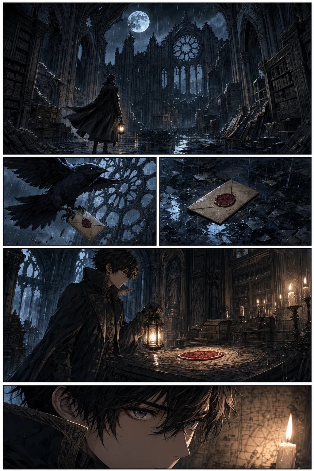 Adegan arsip katedral gothic, color pass — halaman manga diwarnai dengan LlamaGen