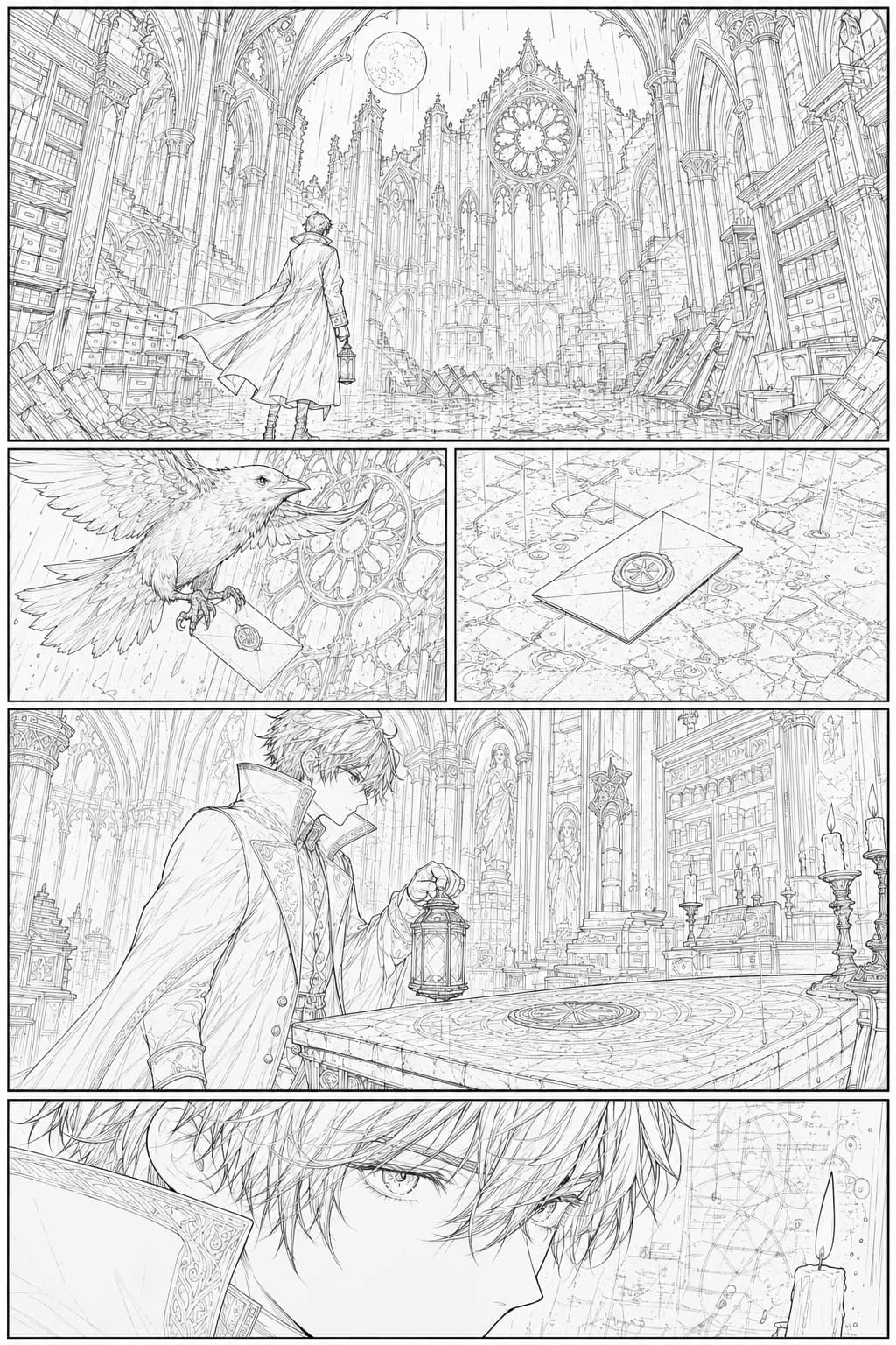 Adegan arsip katedral gothic, lineart pass — halaman manga diwarnai dengan LlamaGen