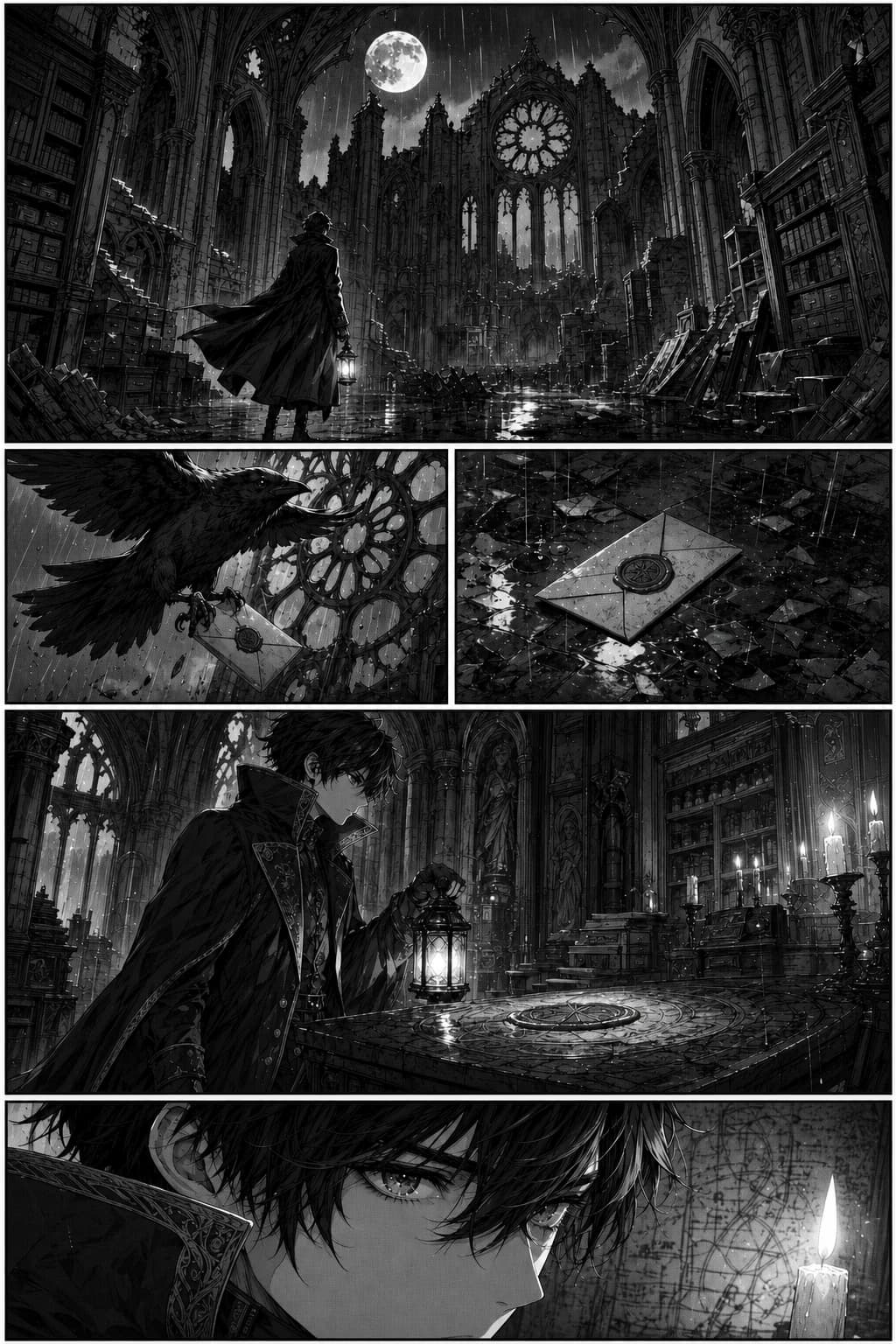 Adegan arsip katedral gothic, tone pass — halaman manga diwarnai dengan LlamaGen
