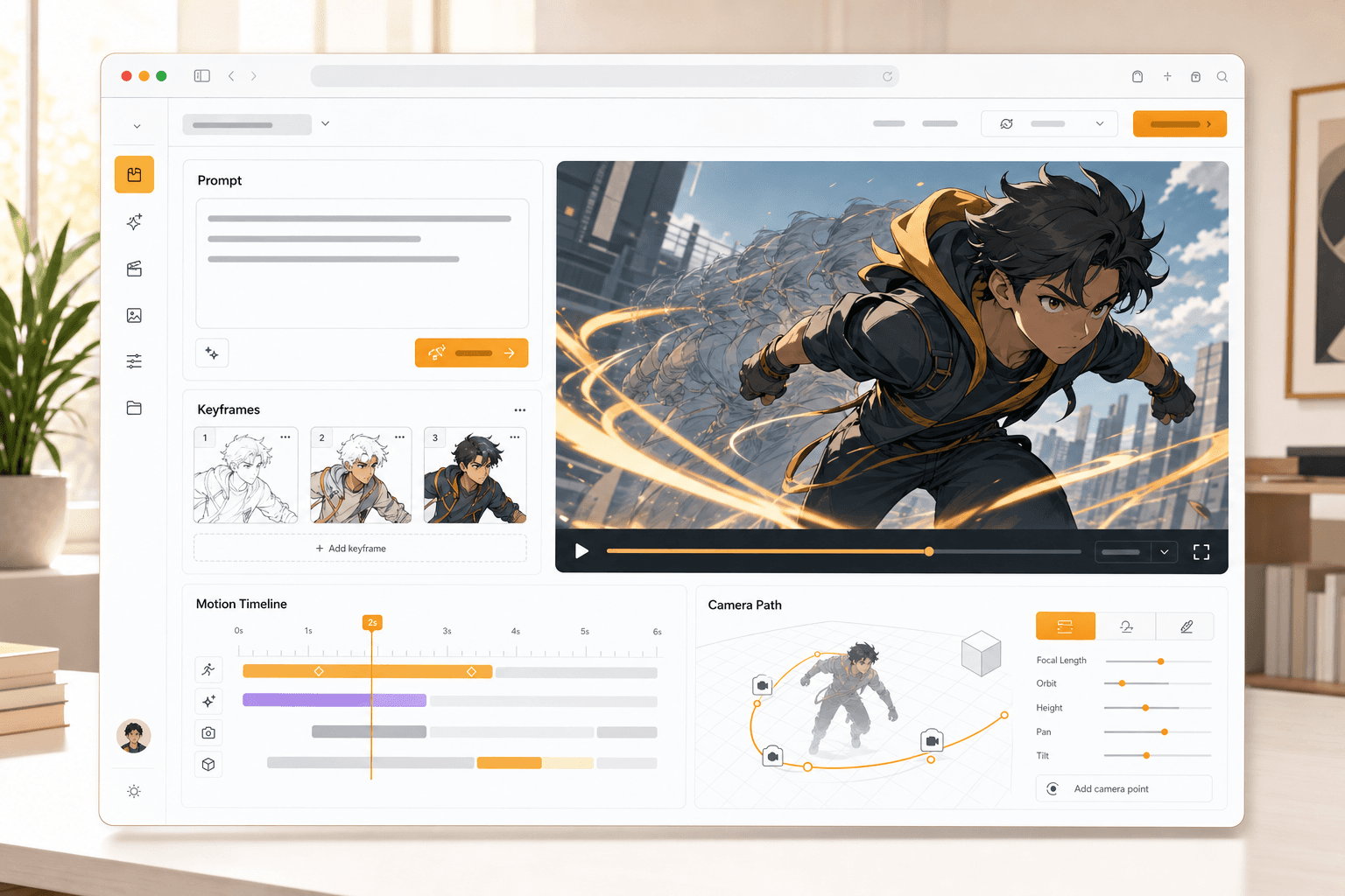 AI animation generator workspace with prompt, keyframes, timeline, and motion preview