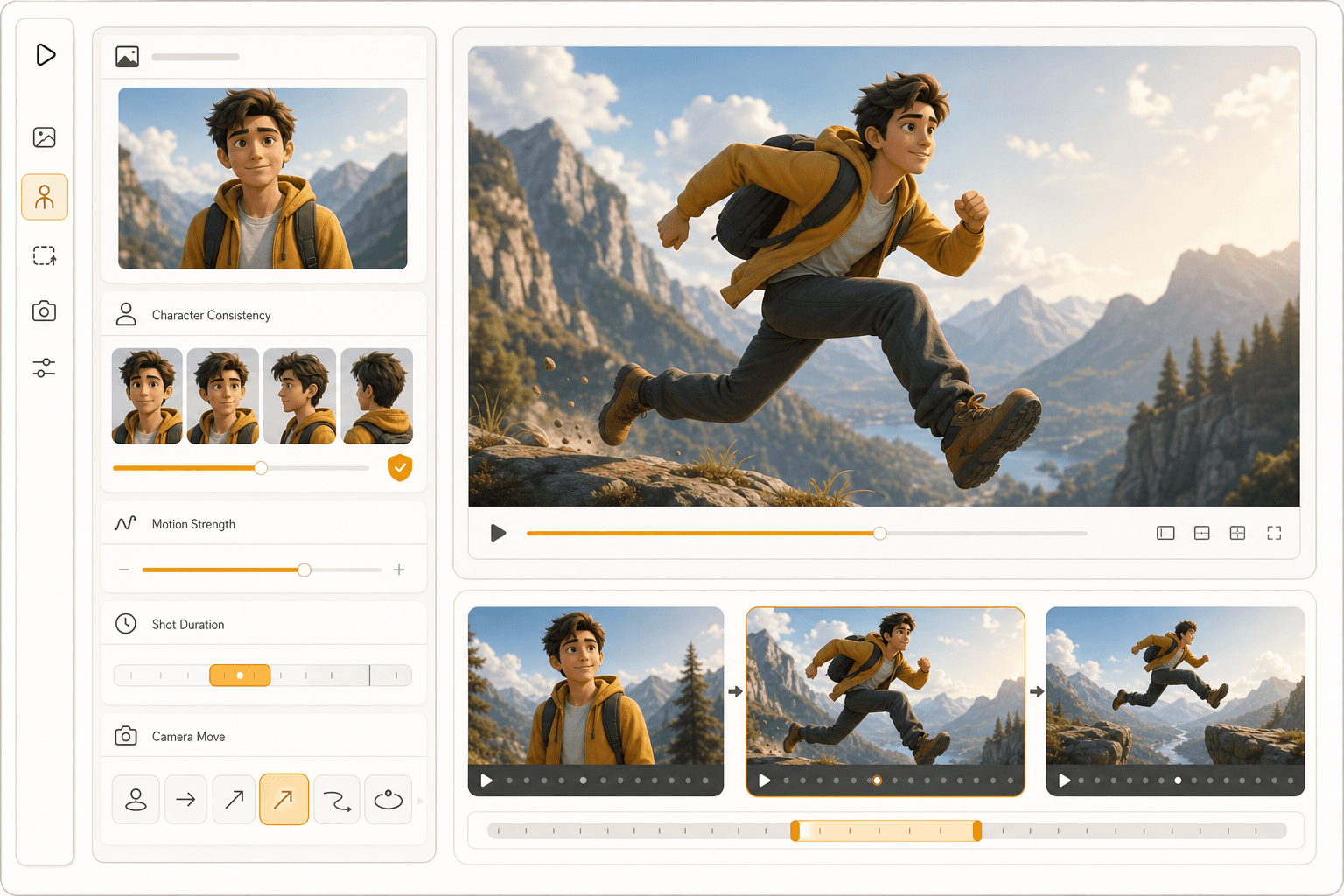 AI animation generator controls for image input, keyframes, camera movement, and output storyboard