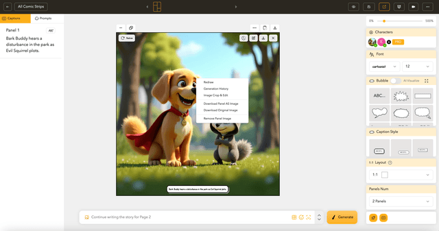 Opciones de panel de cómic