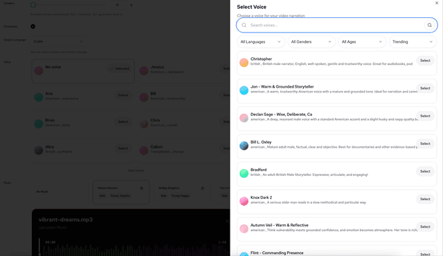 Voice selection interface displaying expanded voice library