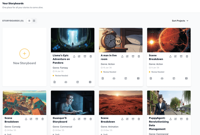 界面展示分镜项目列表管理