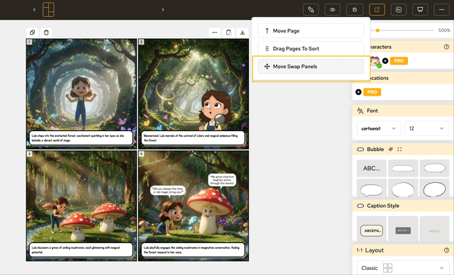 界面展示漫画页面间分镜交换