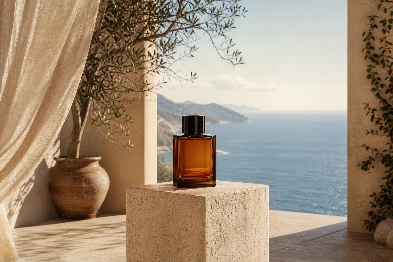 Perfume bottle in a Mediterranean terrace scene expanded into a wide campaign layout