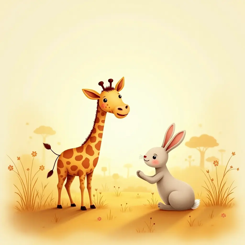 warm, vintage illustration, 4k, soft watercolor style, children's book with a friendly giraffe and playful rabbit exploring the savanna, featuring gentle colors and soothing backgrounds.