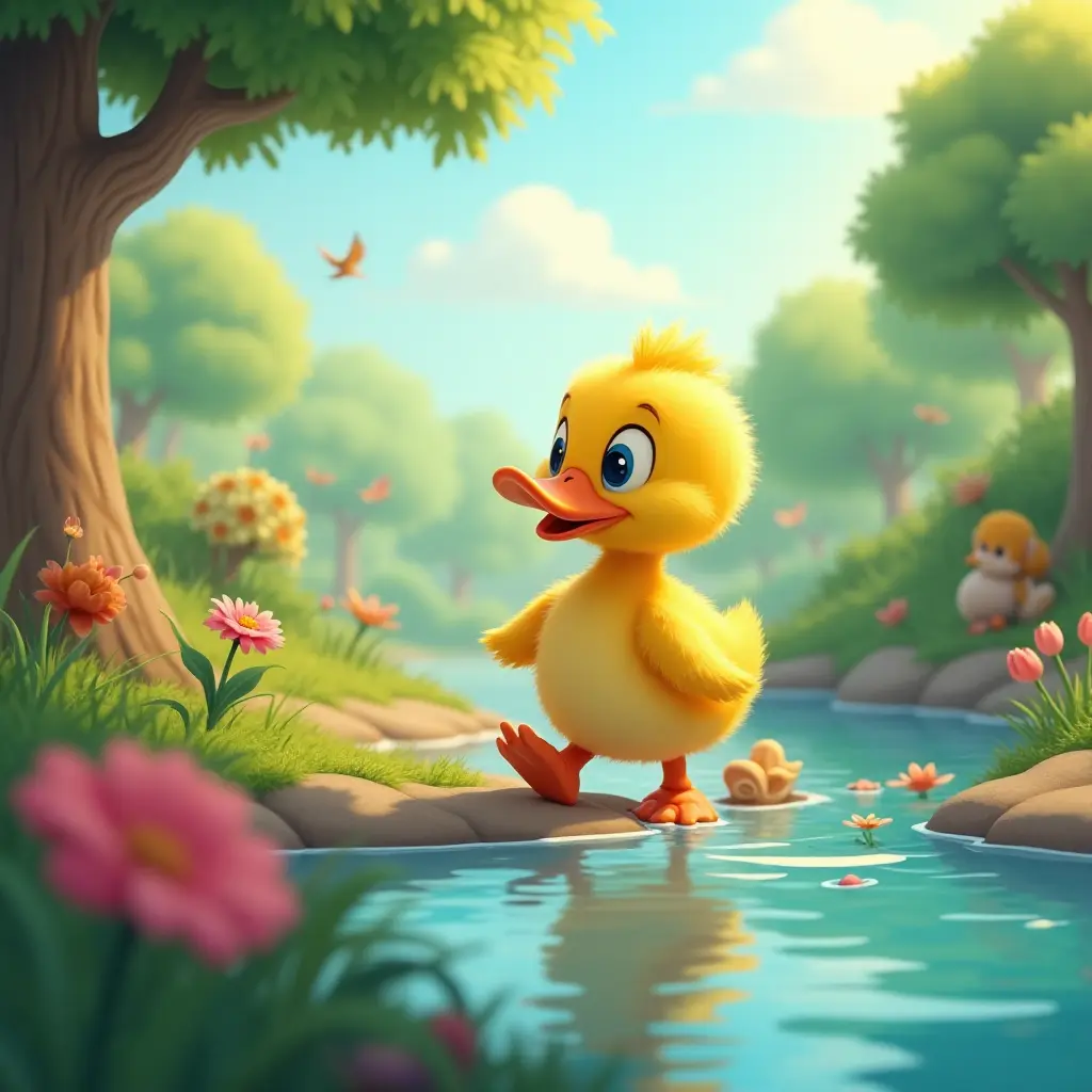 vibrant, cartoonish style, 4k, A lively children's story of a curious duckling going on an adventure by the pond, meeting other animals along the way.