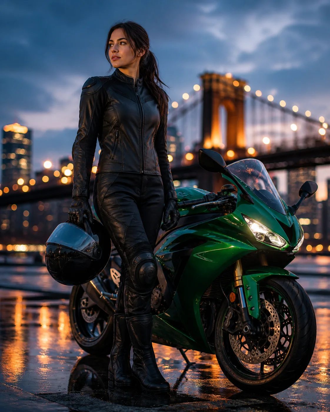 Adult woman in full riding gear beside an emerald motorcycle at blue hour