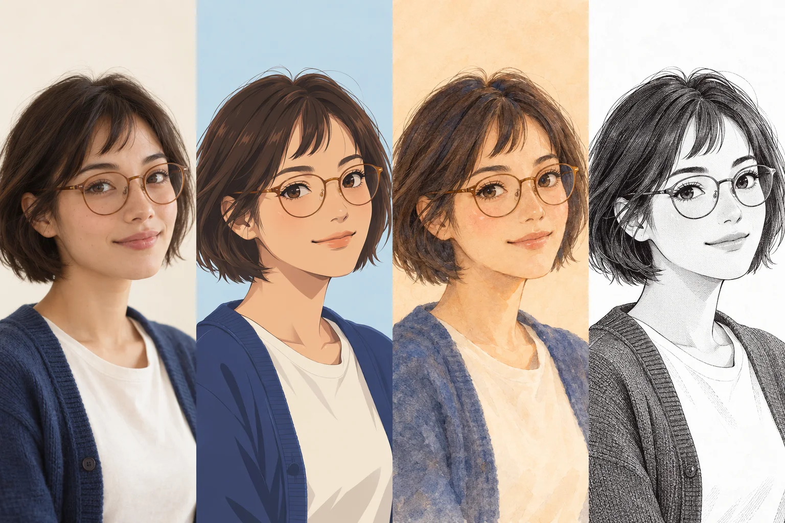Illustrated comparison of one fictional adult with a dark bob, round glasses and a blue cardigan: synthetic reference, cel anime, watercolor and monochrome manga.