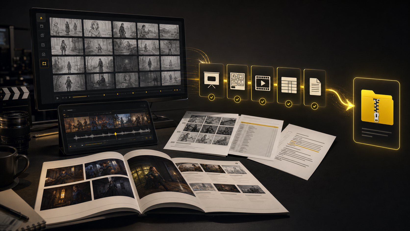 AI storyboard export suite with PDFs, shot lists, animatics, and handoff package