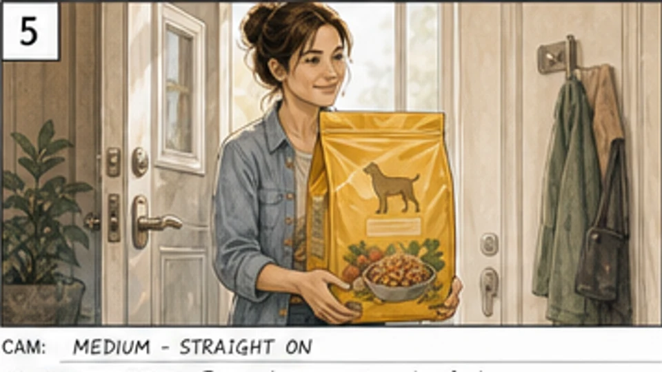 Commercial storyboard shot of an owner entering with a premium dog food bag