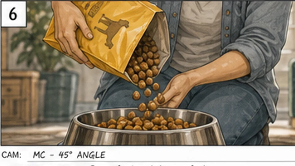 Commercial storyboard close-up of fresh dog food being poured into a bowl
