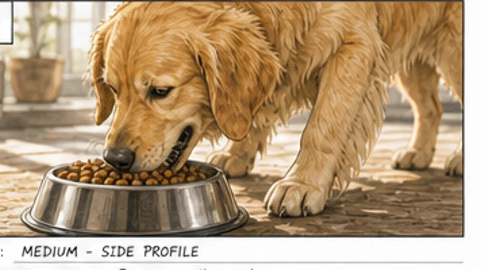 Commercial storyboard side profile of a golden retriever eating the new food