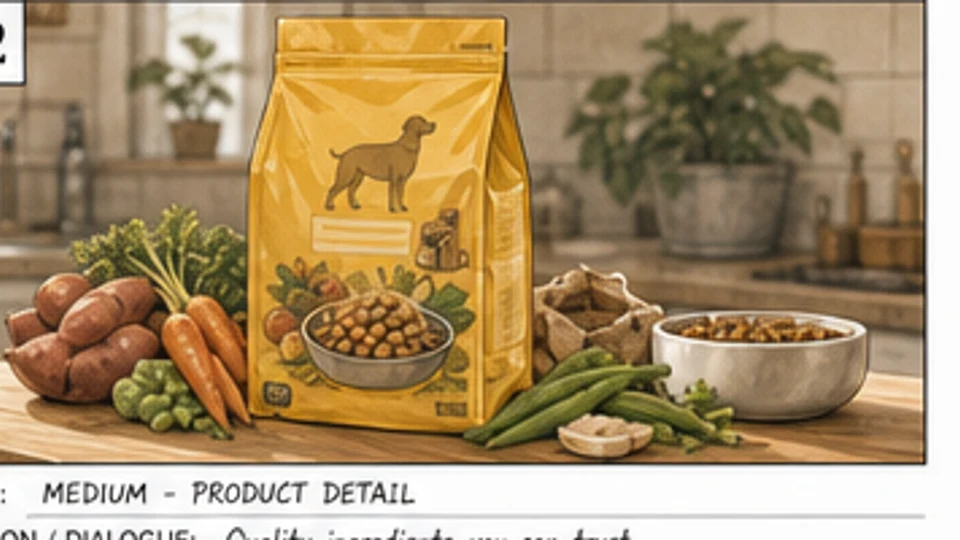 Commercial storyboard product detail shot with dog food bag and fresh ingredients