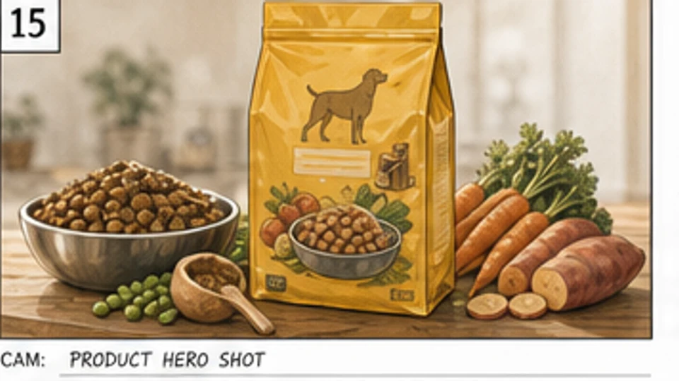 Commercial storyboard product hero shot with dog food bag, bowl, and vegetables
