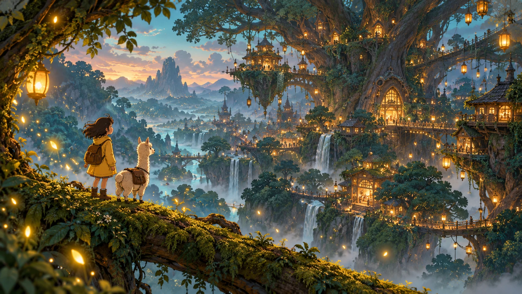 A girl and her alpaca companion discover a lantern-lit village inside an immense forest tree