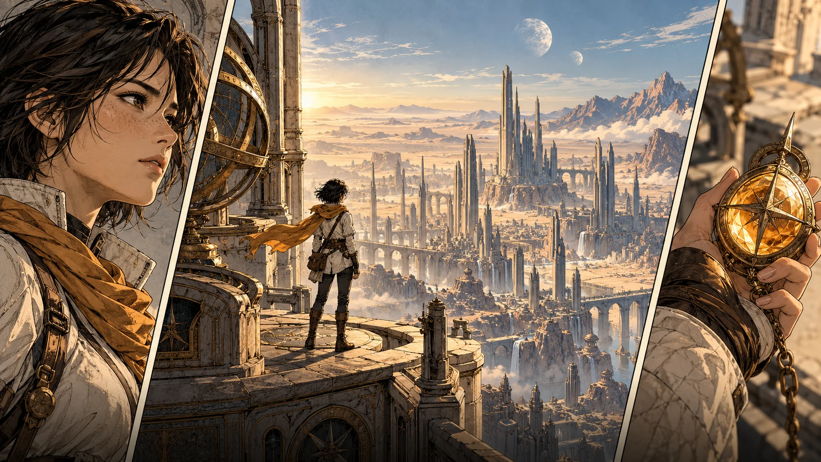 Three illustrated panels follow an explorer and her amber compass through a vast desert city