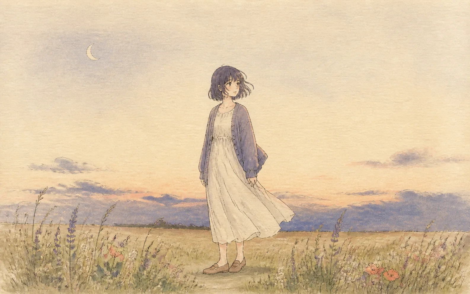 Hand-drawn anime illustration of a girl standing in a quiet meadow at dusk