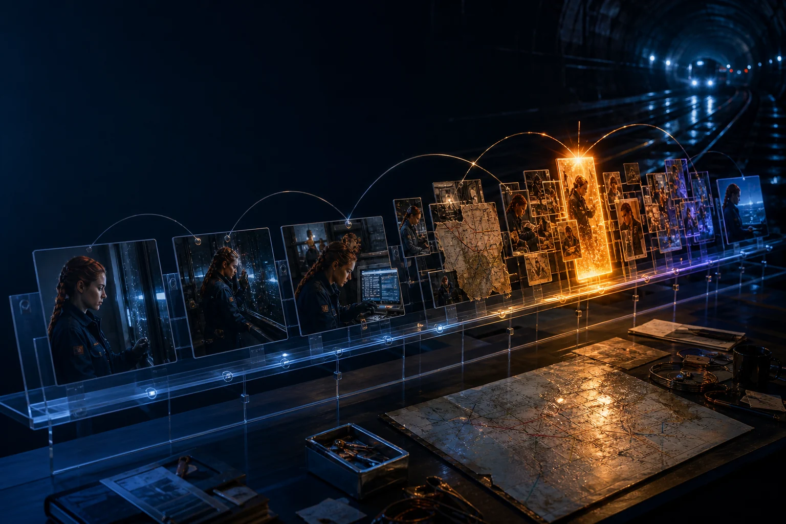 A cinematic sequence map connecting scene cards, locations, props, and turning points