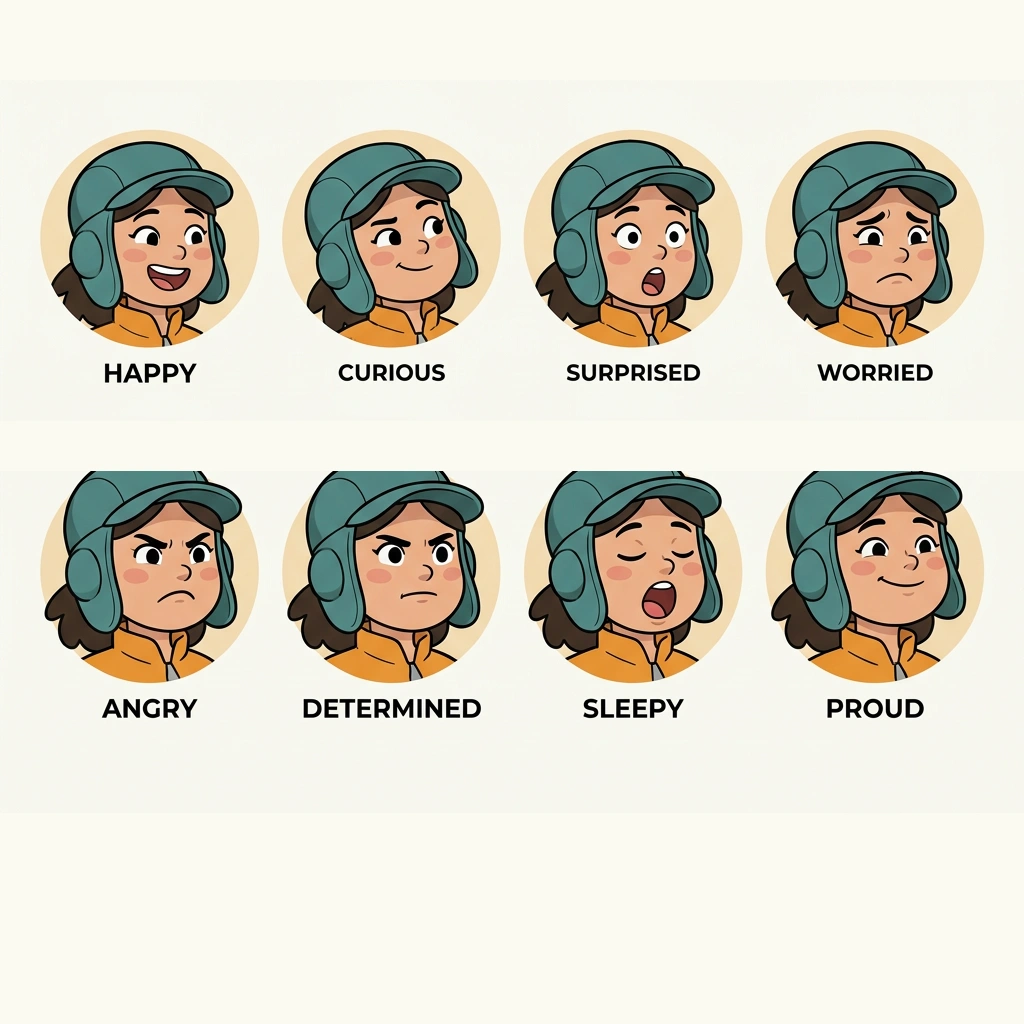 AI cartoon character expression sheet with eight emotional variations