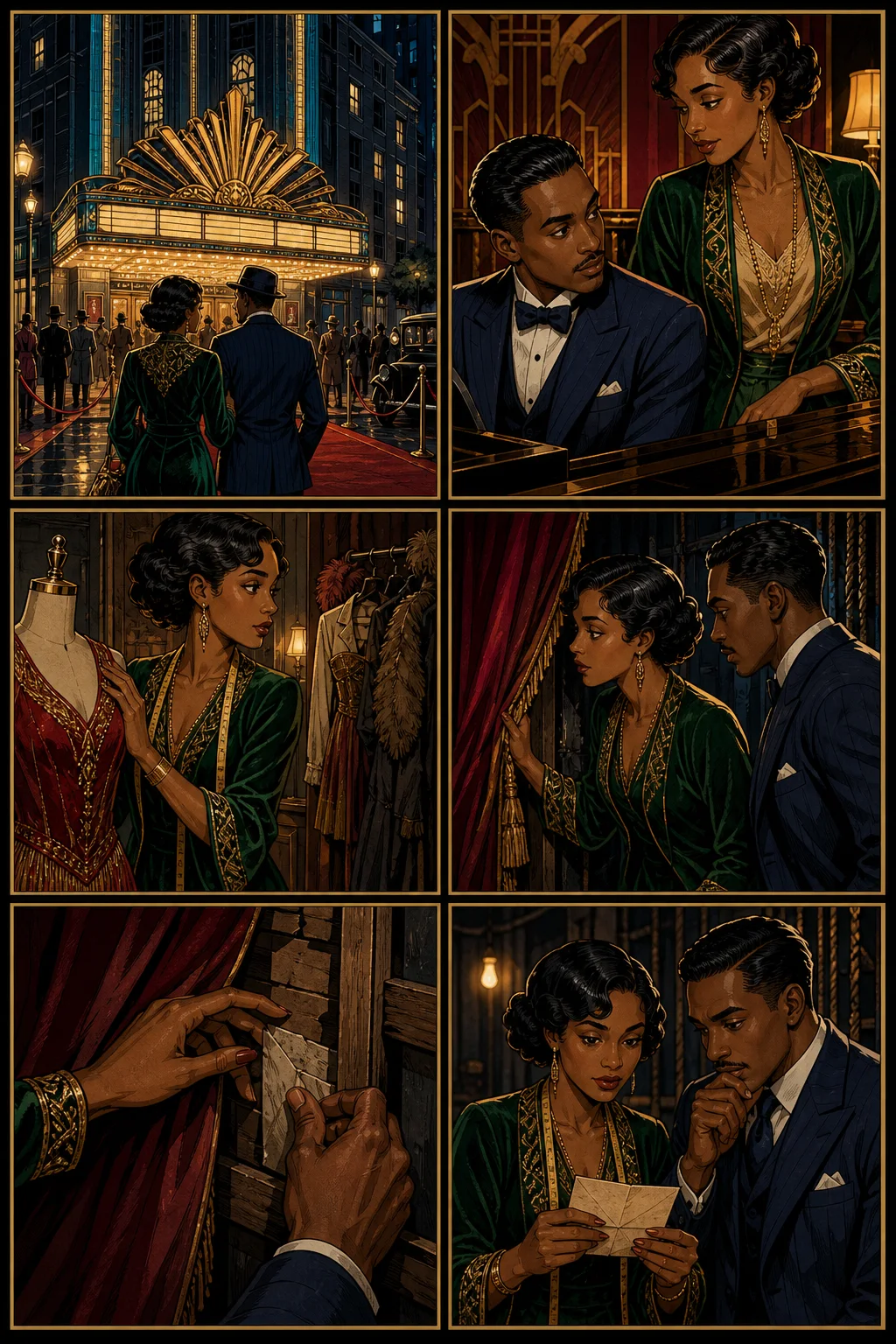 Six-panel Art Deco mystery comic with a Black costume designer and jazz pianist solving a theater mystery