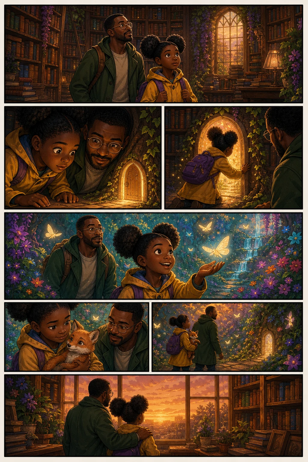 Seven-panel family fantasy comic with a Black father and daughter exploring an enchanted library