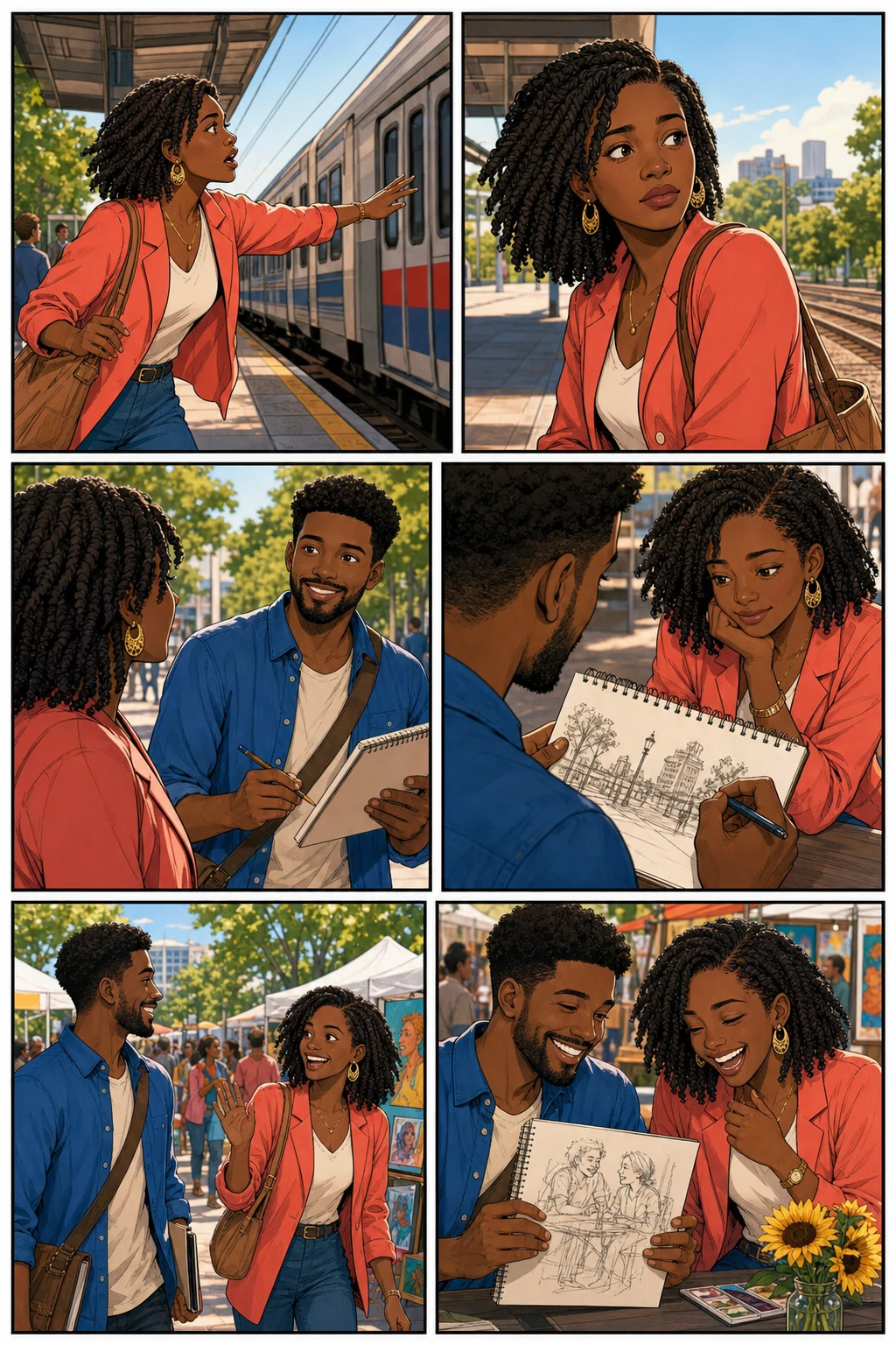Six-panel contemporary romance comic with a recurring Black couple meeting at an outdoor art fair