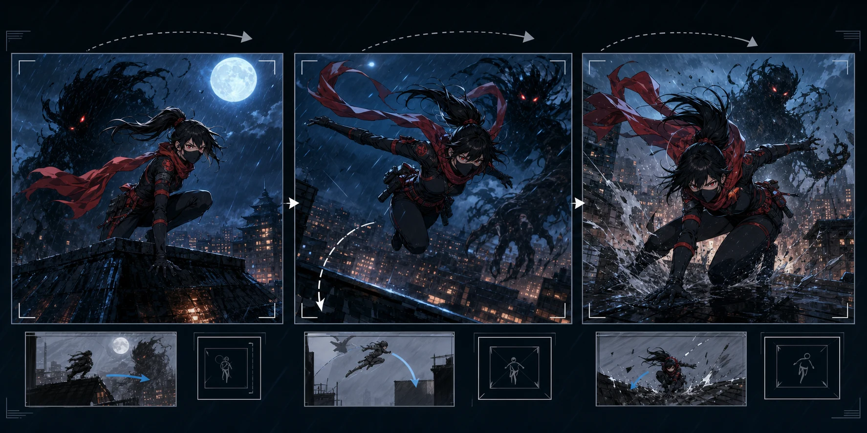 Board med animationsnøgleframes til en manga-actionsekvens på et tag