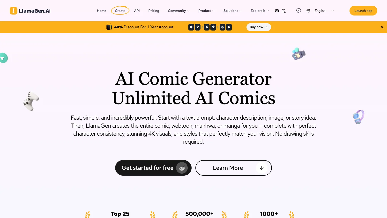 LlamaGen webpage screenshot with navigation text and a promotional caption.